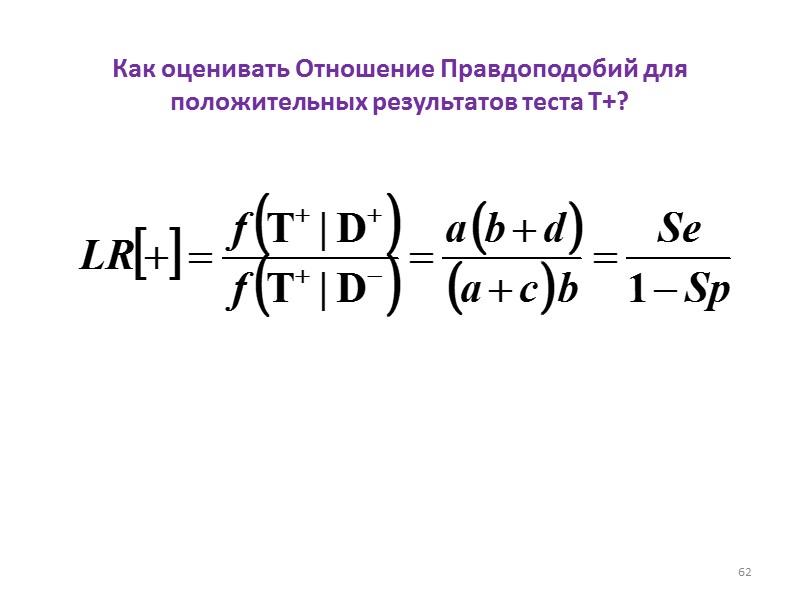 Как оценивать Отношение Правдоподобий для положительных результатов теста T+?     62